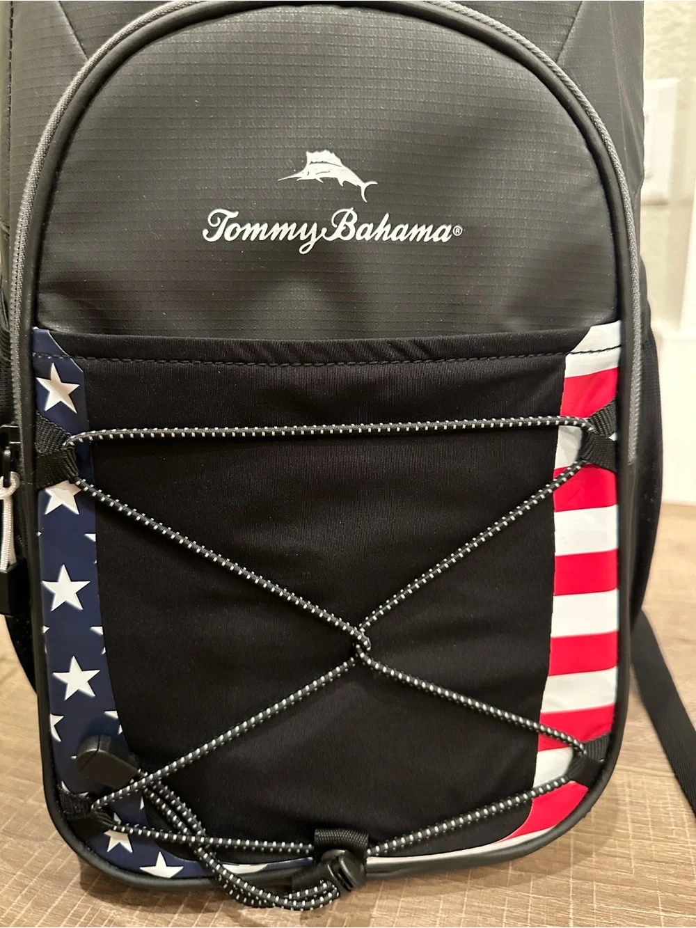Tommy Bahama Black Cooler Backpack with American Flag Trim